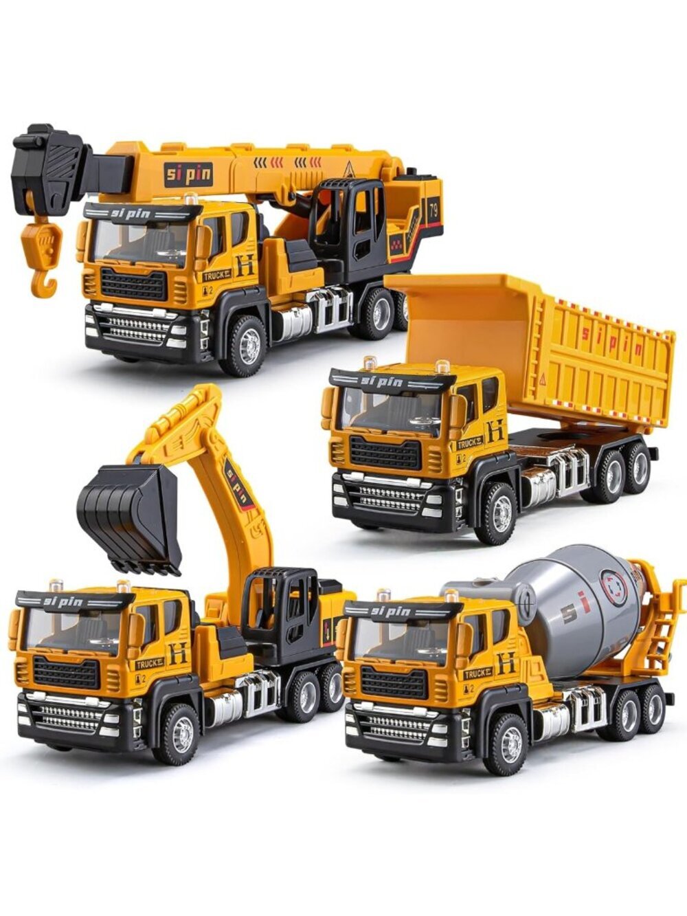 4 Pack Mini Metal Construction Trucks Set - Friction Powered Crane, Excavator
